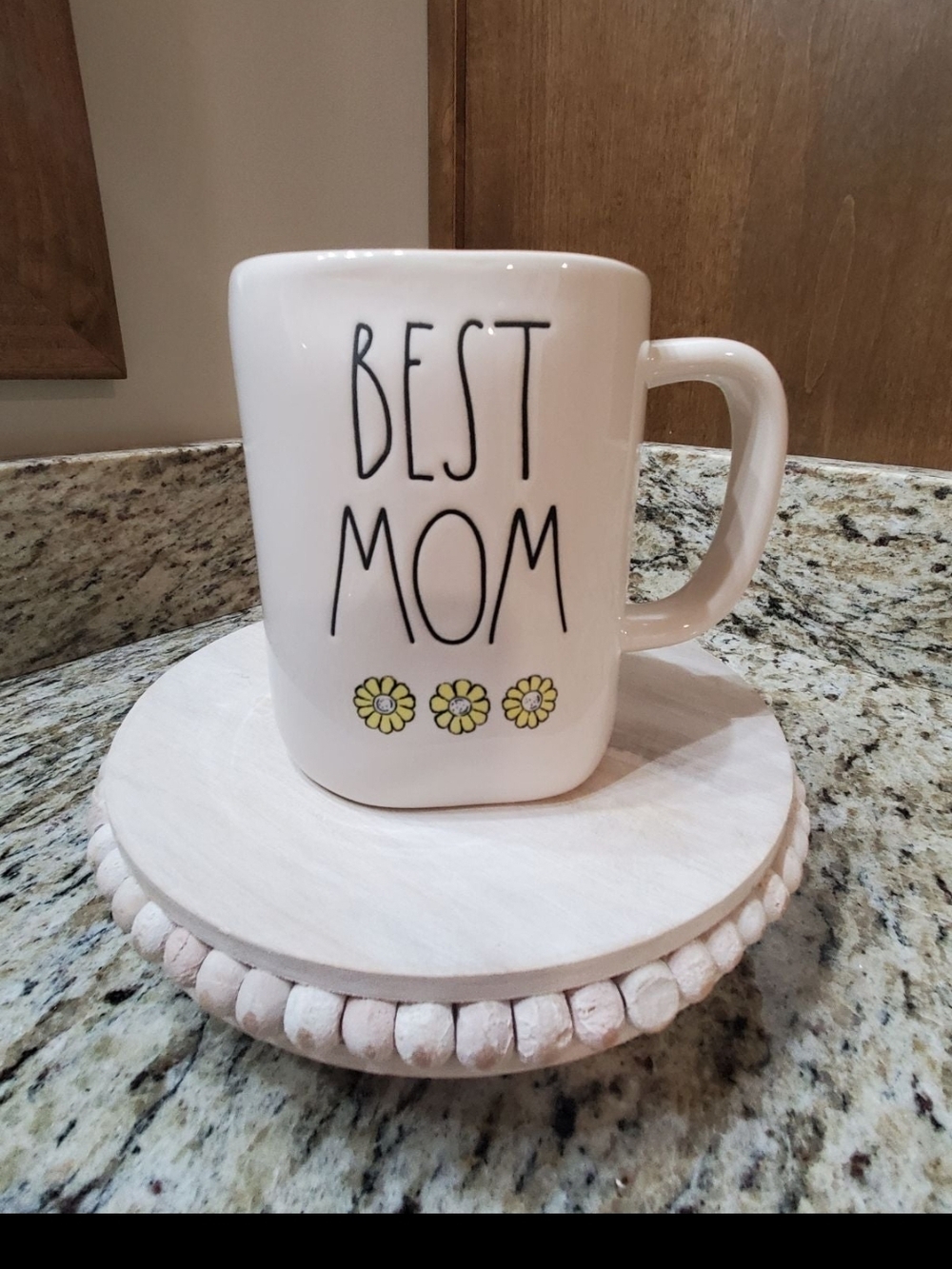 Rae Dunn White 'BEST MOM' Ceramic Mug with Yellow Daisy Accents